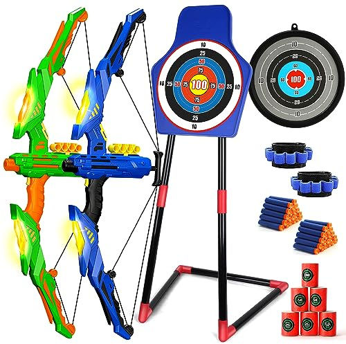 TOY Life Bow and Arrow Toys for Kids 6 8 12, Outdoor Toy Games for Kids, Bow and Arrow Set with LED Lights, Archery Set with 2 Targets and 40 Foam Darts, Shooting Game Toy Gift for Boys