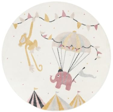 RugVista Monkey Circus Kinderteppich, Ø 150 cm, Rosa/Off Weiß | Moderne, Rund, Niedriger Stapel, Nur chemische Reinigung, Oeko-Tex 100, Ohne gefährliche Chemikalien, Kinderzimmer