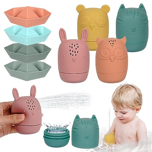Badewannenspielzeug, 8 Stück Wasserspielzeug Kinder mit Öffnungen aus BPA-freiem Silikon, Unisex Farben, Niedliches Tier Badespielzeug Baby, Badespielzeug fördert Motorik, für Kinder und Babys