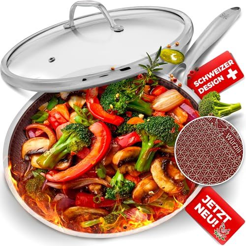 Würziii Bratpfanne 28cm rot mit Glasdeckel Non-Stick Waben Struktur kratzfest Edelstahl Aluminium Pfanne Spülmaschinen Ofen Induktion geeignet (Rot, 28cm)