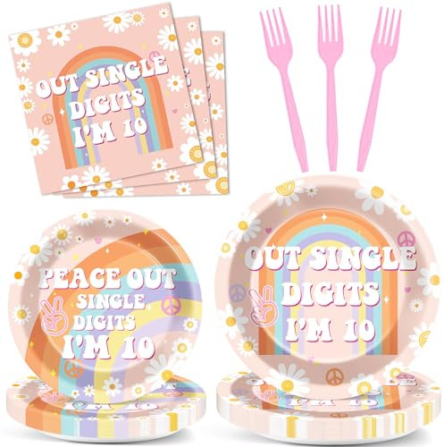 ojustbeok 96PCS Peace Out 10th Birthday Decorations for Girl 10th Birthday Plates and Napkins Peace Out Single Digits I'm 10 Tableware Set Boho Groovy 10th Baby Shower Party Decorations for 24 Guests