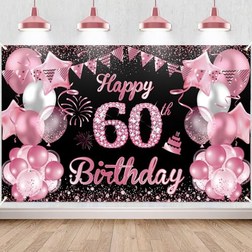 60.Geburtstag Banner Rosérot Schwarz, Waylipun 60 Geburtstag Party Hintergrund Deko, Großes Stoff 60 Jahr Geburtstagsdeko Poster für 60. Mädchen Tisch Wand Dekoration Zubehör, 180 x 110 cm