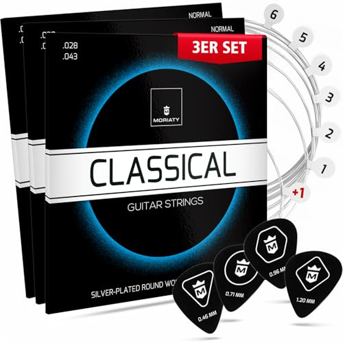 MORIATY® Gitarrensaiten Konzertgitarre, Saiten für klassische Gitarre aus Nylon und Silber, Akustikgitarre (7 Saiten-Set) | INKLUSIVE: 12 Plektren + Extra hohe E-Saite (3er Set)