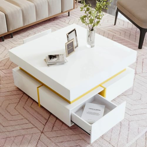 KOMHTOM Table basse brillante en blanc avec deux tiroirs - Table de salon moderne minimaliste de forme carrée (Blanc)