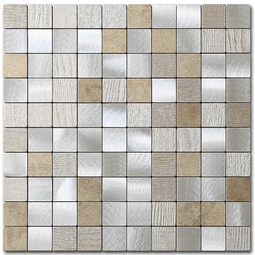 M MOFIT Azulejos autoadhesivos de mosaico cuadrado para cocina, azulejos de piedra, paneles de baño (beige champán, 10 unidades)