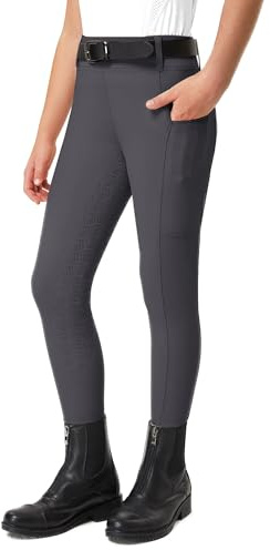 FitsT4 Sports Girls Riding Pants Full Seat Kids Equestrian Breeches Stretchy Youth Horse Schooling Tights Zipper Pockets Darkgrey L