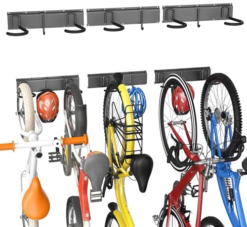 TORACK Wall Mounted Bike Storage Rack, Vertical Bikes Storage for Garage 5 Bikes Hangers for Wall, Modular Bicycle Storage Rack(3 Rails, 5 Bike Hooks, 3 Helmet Hooks)