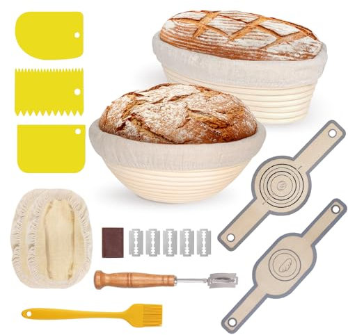 2er-Set Gärkorb zum Brotbacken, Runde und Ovale, einschließlich passender Silikonbürste, dreiteiliger Teigschaber-Satz, Fünfblatt-Brotdispenser, zwei Brotdeckungen und perforierter Backschlinge