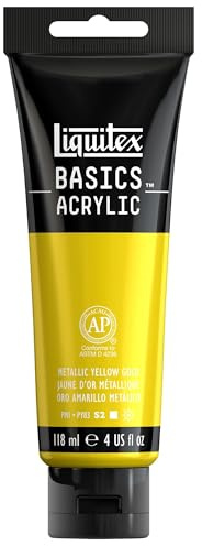 Liquitex 1046343 Basics Acrylfarbe 118ml - Metallic Gelbgold – Künstler-Acrylfarbe, hochpigmentiert, lichtecht, mittlere Viskosität, seidenglänzend, deckend – Ideal für Leinwand, Holz & Papier