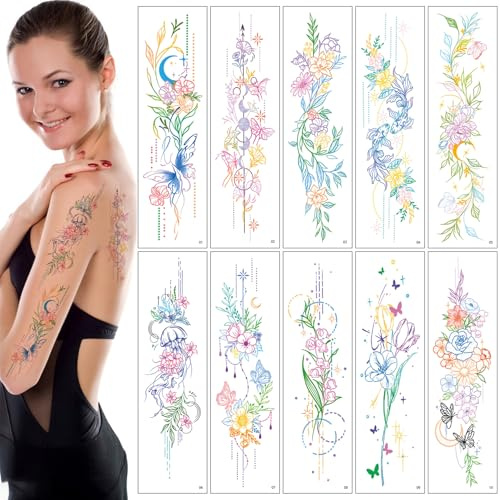 10 Tatouages Temporaires 3D Aquarelle pour Femmes Filles | Fleur colorée papillon faux bras tatouage temporaire Tatouages imperméables pour femmes