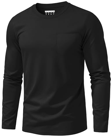 EKLENTSON Men's T-Shirt Long Sleeve Cotton Shirt with Pocket | classic plain colour casual work crew neck t shirt,soft lightweight breathable comfortable basic solid tops