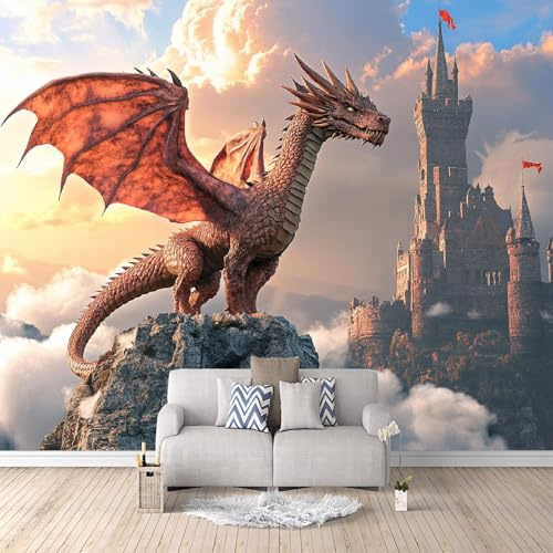 Fototapete 3d Mythischer Drache 200x140 cm 3D Wandbild Tapete, Modern Vlies Motivtapeten, Gotisch Groß Foto Tapete, Schlafzimmer Wohnzimmer Büro Wandtapete Deko.