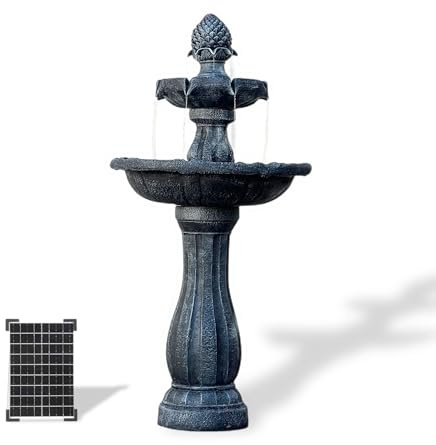 XBrand 44 Solar Powered 2-Tier Outdoor Water Fountain, Fiberglass Resin Fountain with Solar Panel Pump and Auto Shut-Off, Gray