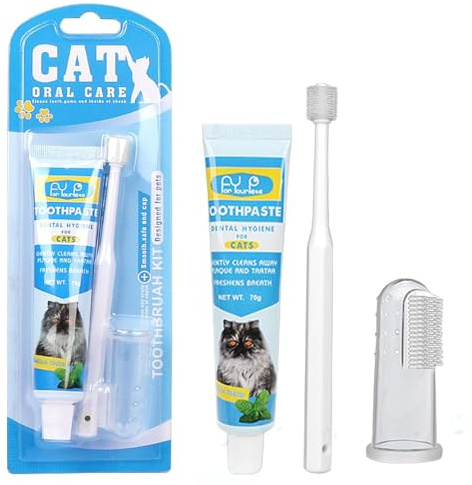 Henjunu Dentifricio gatto con spazzolino da denti e spazzolino da dito, per cani e gatti, rimuove il rivestimento e il tartaro, l'alito fresco e buono per i denti