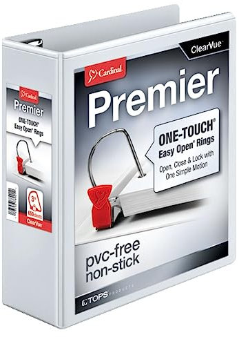 Cardinal 3 Ring Binder, Binders for School and Office, Durable 3 Inch Premier Easy Open Binder, ONE-Touch Locking Slant-D Rings, 650-Sheet Capacity, ClearVue Cover, PVC-Free, White (10330)