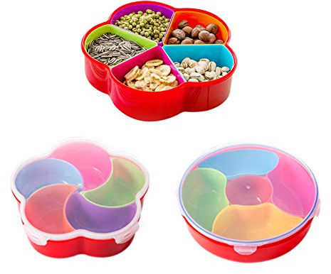 Boodtag Plastic Food Container with Lid Snacks Boxes Dispenser with Removable Compartments Kitchen Accessories, plastic, Flower shape with moon shape compartments (inside water drop)