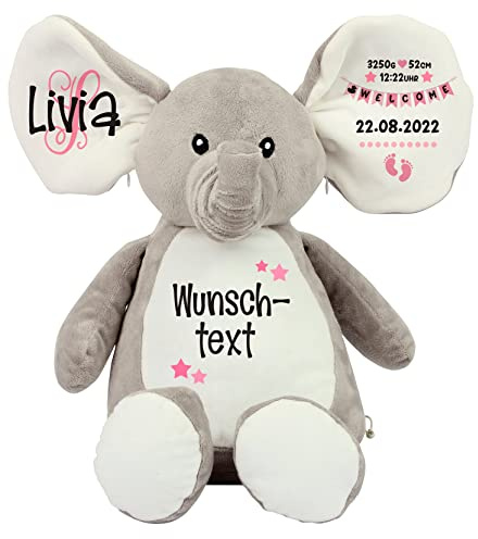 Selket’s Shop Elefant Baby Geschenk personalisiert – Kuscheltier zur Geburt oder Taufe – mit Name & Datum, Text oder Taufspruch
