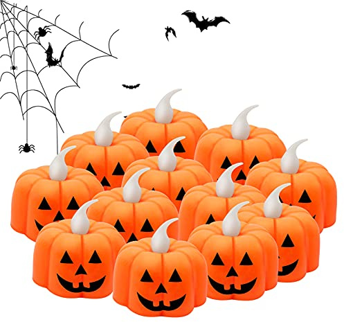 12 STÜCKE Halloween Kürbis Teelichter Kerzen Flammenlose Teelichter Batteriebetriebene LED Kerzen Orange Laternen für Halloween Dekorationen Tisch/Party/Aussen/Innen, Warmes Weißes Flackern