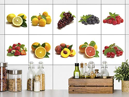 GRAZDesign Fliesenaufkleber Küche Obst auf Weiß, Klebefliese Wandfliese selbstklebend - Set 10 Stück