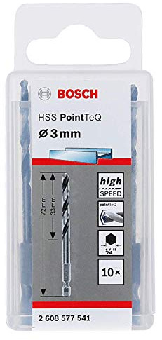 Bosch Professional 10 st. PointTeQ borr (för metall, Ø: 3,0 mm, arbetslängd: 33 mm, totallängd: 72 mm, ¼-sexkantsskaft, tillbehör för slagskruvdragare och skruvdragare)