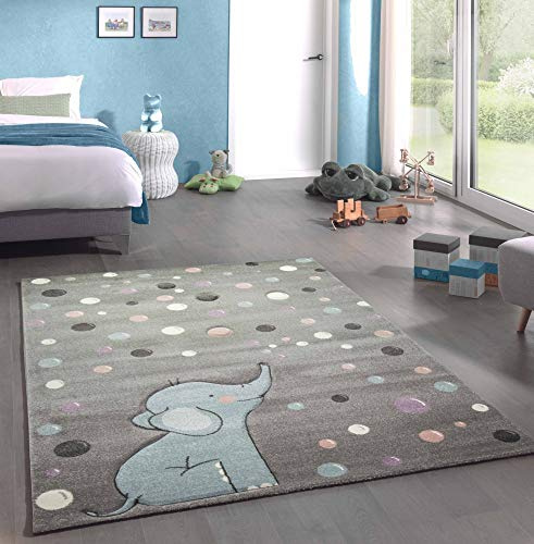 CARPETIA Teppich Kinderzimmer Elefant Punkte Seifenblasen grau blau Größe 140x200 cm