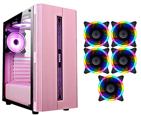 Pink Gaming Case,Mid-Tower PC Gaming Case ATX/M-ATX/ITX, Front I/O USB 3.0 Port,Transparent Side Panel,6 Fan Position,Water-Cooling Ready (Color : Pink, Size : 5 fan)