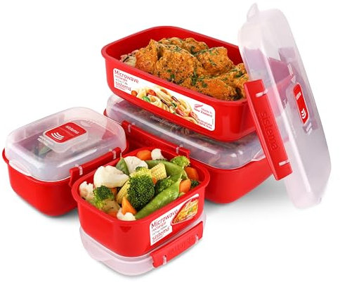 Sistema Heat and Eat Microwave Set | 4 Contenitori alimentari rettangolari con coperchi (2 x 1,25 L + 2 x 525 ml) | Clip e sfiato per il vapore | Privi di BPA