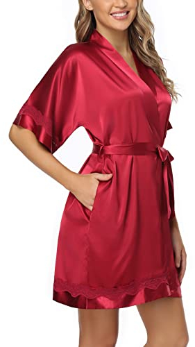 The Bund Damen Satin Roben Braut Brautjungfer Spitze Kurz Seide Hochzeit Party Leicht Bademantel Weiche Nachtwäsche S-XXXL, Lace2-Wein, Medium