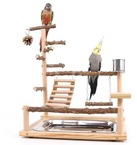 RoseFlower Bird Playground, Parrots Wooden Playstand, Birdcage Playground Play Gym Parakeet Playpen Ladder with Feeder Cup and Tray, Bird Toys Swing Exercise Toy