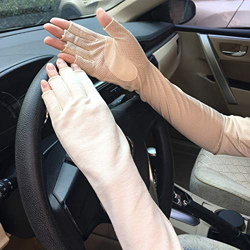 Sun Protection Gloves Women UV Protection Driving Gloves Breathable Cotton Sun Block Gloves for Summer Riding Supplies (Color : Beige, Size : L)