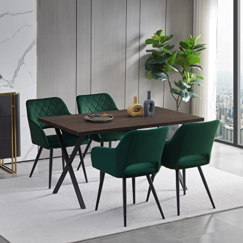 TUKAILAI Esszimmergruppe Esstisch Holz und 4 Stühlen mit Armlehne, Rechteckiger Küchentisch mit X-förmige Metallbeine und Esszimmerstuhl Set aus Samt, Essgruppe (Tisch 140cm + Stühle Set Grün)