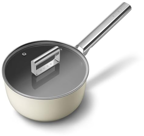 Smeg, Casseruola a un Manico Antiaderente CKFS2011CRM con Coperchio Incluso, Diametro 20 cm, Manico in Acciaio Inossidabile, per Tutti i Piani Cottura, Fino a 250° in Forno, Capacità 2,8L, Panna