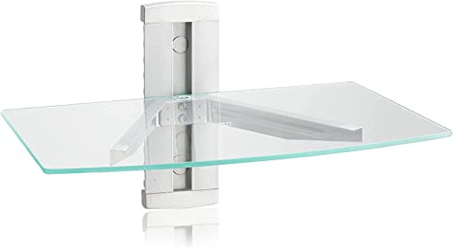 suptek Glass Floating Shelves, TV Wall Mount with Shelf for DVD Player / PS4 / Cable Boxes/Game Consoles/Sky Box/TV Accessories, Media Shelf, Flat Wall Mount Bracket, 1 Tier Shelf, Silver
