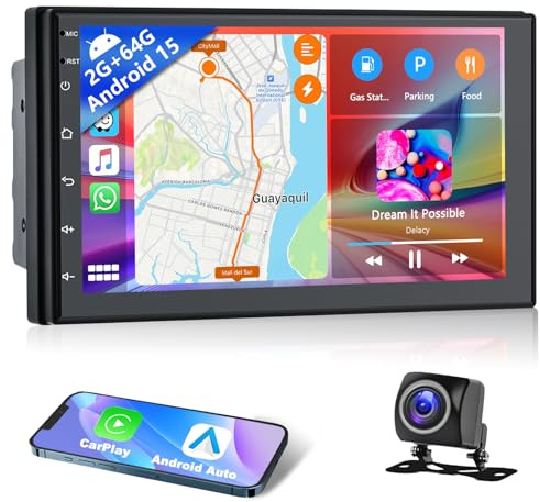[2+32G] 2Din 7 Pulgadas Radio de Coche con A-pple Carplay/Android Auto，Podofo Android 13 Pantalla Táctil Inalámbrica con GPS/Bluetooth/SWC/FM/RDS/WiFi/USB Receptor de Radio+Cámara Trasera