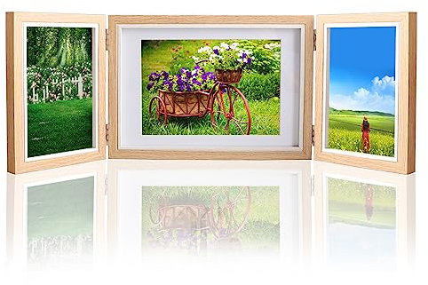 Faltbar Bilderrahmen 3 Bilder, Fotorahmen Collage aus Holz Portraitrahmen mit Scharnier Rahmen Verschiedene Größen für 3 Fotos -10x15cm *2 + 13x18 cm *1-Helle Farbe