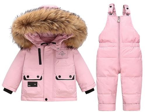 Acuryx Baby vinteroverall vinter 2 stycken dunjacka rock med snö haklapp byxor pojkar flickor skiddräkt kläder, ROSA, 2-3 År