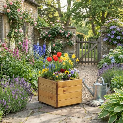 Charles Taylor Small Square Open Wooden Outdoor Planter, Flower Pot
