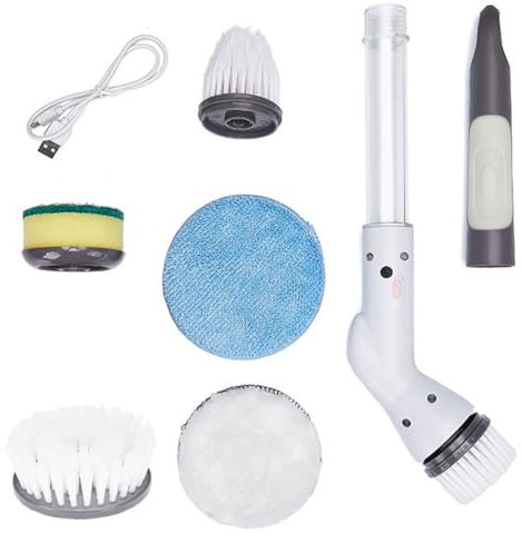 Electric rotating cleaning brush, cordless rotating cleaning brush with 6 replaceable brush heads and adjustable extension handle, bathroom cleaning brush for shower tiles tub basin window