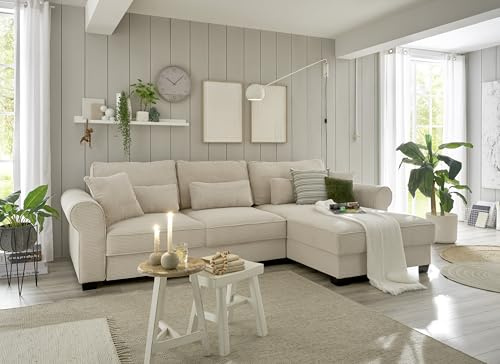 Stella Trading Ecksofa mit Schlaffunktion und Bettkasten, Cord-Optik, L-Form Eckcouch, beidseitig montierbar, Modell Angelina, Creme, 318 x 93 x 197 cm (B/H/T)
