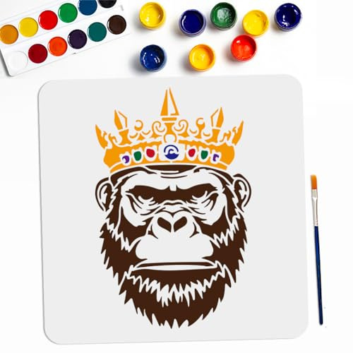 MAYJOYDIY Kronen Orang Utan Schablonen 30 × 30cm Große Schimpansen Vorlage Mit Pinsel Wiederverwendbare Königskrone Gorilla Zeichenschablone Für Geschenkdekoration Holz Leinwand Boden Wand Möbel