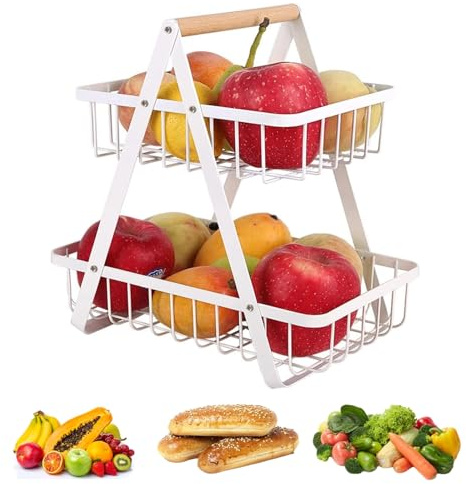 Felenny 2-stöckiges abnehmbares Obstkorb-Regal, Metall-Gemüseregal, abnehmbarer Obstschalenhalter für Obst, Gemüse, Snacks, Cupcakes, Brot, Büro, Zuhause, Organizer