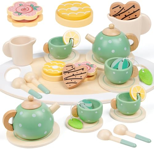Wooden Tea Set for Toddler, Kids Tea Party Set, Toy Tea Set with Play Food Dessert Tray for 3 4 5 Years Old Girls Kids Boy