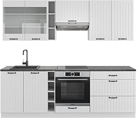 Vicco Küchenzeile Fame-Line, Küchenblock, Weiß Landhaus/Weiß, 235 cm, AP Marmor