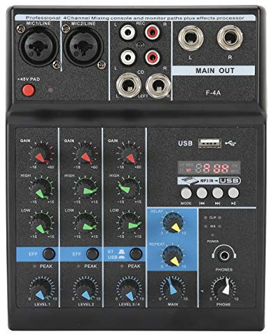 Mezclador de 4 Canales, Consola de Mezcla USB S Ereo con Mezcladores de DJ Profesionales Tarjeta de Sonido para Computadora Doméstica 110V‑240VUS Enchufe K V 48V de