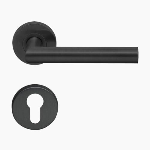 Aperit Tirador de puerta negro de acero inoxidable, par de pomos negros con rosetas PZ, redondo, mate, para puertas interiores, modelo T, clase EN1906 3-49.203.01