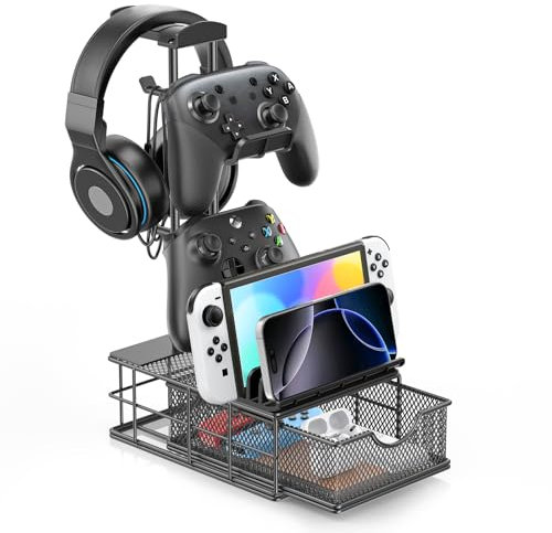 KDD Gaming Headset Halterung mit Schublade - Universal Controller Halter & Kopfhörer Ständer mit Kabel Organizer - Aluminium Kopfhörer Aufhänger Tisch für Alle Kopfhörer Switch PS4 PS5 Xbox PC Zubehör
