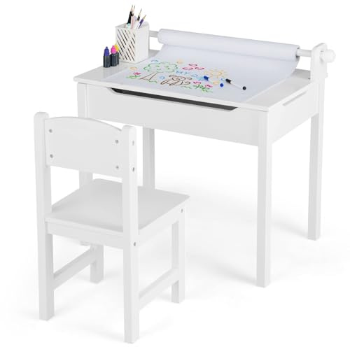 GOPLUS Bureau Enfant Fille Garcon avec Chaise, Table a Dessin Enfant avec Rouleau du Papier, Bureau d'Écriture en Bois avec Rangement, Table Polyvalente pour 3+ Ans, Blanc