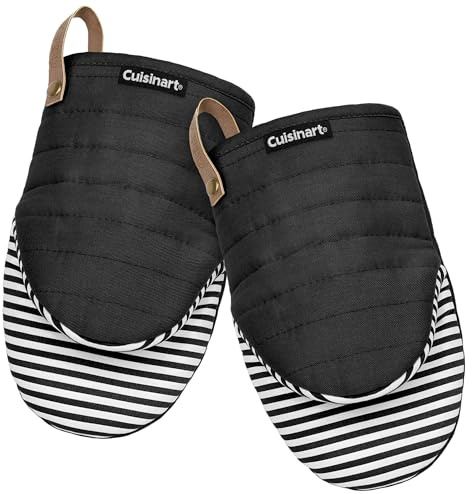 Cuisinart Mini Oven Mitts – 5.5” x 8” Heat-Resistant Kitchen Mitts for Oven with Non-Slip Printed Silicone, Cotton Filling, and Faux Leather Loop – Durable Oven Mitt Set for Cooking & Baking (Horizon) | Non-slip grip stripes, faux leather hang loop, cotton lining for comfort, ambidextrous for baking,cooking, and cast iron