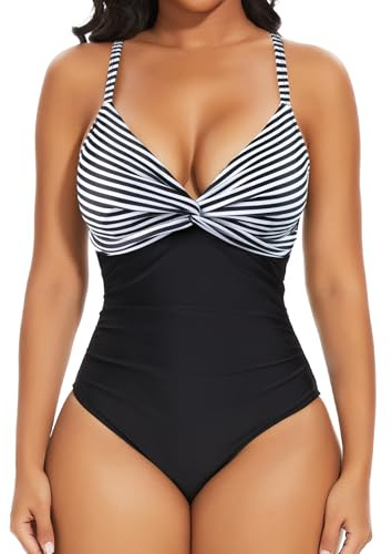SHAPERIN Endelad baddräkt för kvinnor i ett stycke med volang korsdräkter kurviga badkläder V-ringning en del monokini baddräkt tummy kontroll, Svarta ränder, XL