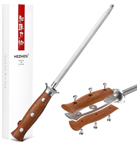HEZHEN Professional Knife Sharpener Rod, High Carbon Steel, Kitchen Knife Honing Rod, Ergonomic Redwood Handle